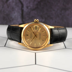 Rolex 34mm Date 18k Yellow Gold Champagne Dial Vintage Men's Watch 15038