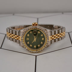 Rolex Ladies Datejust 26mm 18k Yellow Gold/Steel ICED 2ct Diamonds Green Dial