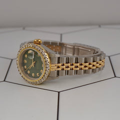 Rolex Ladies Datejust 26mm 18k Yellow Gold/Steel ICED 2ct Diamonds Green Dial