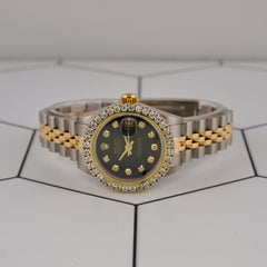 Rolex Ladies Datejust 26mm Watch 18k Gold & Steel ICED 2ct Diamonds Black Dial