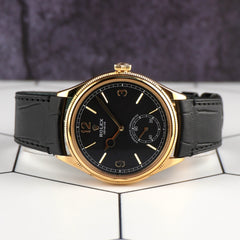Rolex 1908 39mm Yellow Gold Black Dial Leather Band Men's Watch 52508