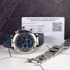 Cartier Pasha 41mm Chronograph Blue Dial Steel Mens Watch 4363/WSPA0039