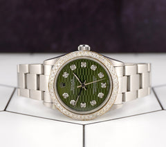 Rolex Oyster Perpetual 31mm 2ct Diamonds Green Motif Dial Watch 77080