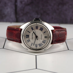 Cartier Cle 31mm Silver Dial Leather Band Automatic Steel Ladies Watch 3856