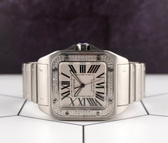 Cartier Santos 100 XL Men's 1.0ct Iced Stainless Steel White Dial Watch Ref 2656
