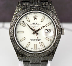Rolex Datejust 41mm Black IcedOut 10ct diamond White Dial Watch 116300 Papers