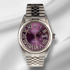 Rolex 36mm Datejust Steel Fluted Jubilee Purple Roman Diamond Dial Watch 16014