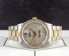 Rolex 34mm Oyster Perpetual 18K YG & Steel Watch 2ct Diamonds White MOP 14233