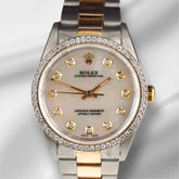 Rolex 34mm Oyster Perpetual 18K YG & Steel Watch 1.75ct Diamonds White MOP 14233