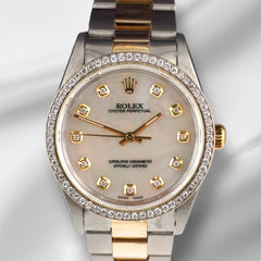 Rolex 34mm Oyster Perpetual 18K YG & Steel Watch 2ct Diamonds White MOP 14233