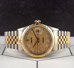 Rolex 36mm Datejust 18k Yellow Gold Steel Diamond Dial Men's Watch 16233