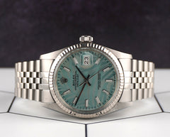 Rolex 36mm Datejust Steel Fluted Jubilee Blue Palm Motif Dial Watch 16014