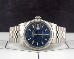 Rolex 36mm Datejust Steel Engine-Turned Jubilee Dark Blue Palm Motif Watch 16030