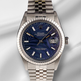 Rolex 36mm Datejust Steel Engine-Turned Dark Blue Palm Motif Dial Watch 16030