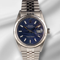 Rolex 36mm Datejust Steel Fluted Dark Blue Palm Motif Dial Watch 16014