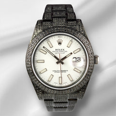 Rolex Datejust 41mm Black IcedOut 10ct diamond White Dial Watch 116300 Papers