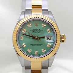 Rolex Datejust Lady 28mm 18k YG-SS Mint Green Diamond Dial Oyster 279173