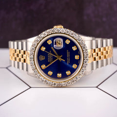 Rolex Datejust 36mm YG/Steel 2.50ct Diamonds Royal Blue Dial Hidden Clasp Watch