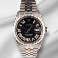 Rolex 36mm Datejust Engine-Turned Jubilee Black Roman Diamond Dial Watch 16030