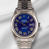 Rolex 36mm Datejust Steel Fluted Blue Roman Diamond Dial Watch 16014