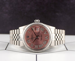 Rolex 36mm Datejust Engine-Turned Jubilee Peach Roman Diamond Dial Watch 16030