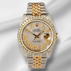 Rolex Datejust 36mm 18k 2-Tone White Roman Dial Watch Iced 11ct Diamonds