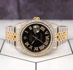 Rolex Datejust 36mm 18k 2-Tone Black Roman Dial Watch Iced 11ct Diamonds