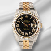 Rolex Datejust 36mm 18k 2-Tone Black Roman Dial Watch Iced 11ct Diamonds
