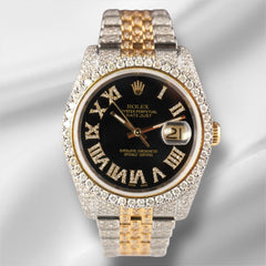 Rolex Datejust 36mm 18k 2-Tone Black Roman Dial Watch Iced 11ct Diamonds