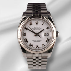 Rolex Datejust 36mm Steel White Gold Silver Roman Dial Mens Watch 116234