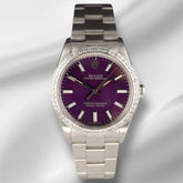 Rolex 34mm Oyster Perpetual Purple Dial 1.5ct Diamond Steel Watch 14010
