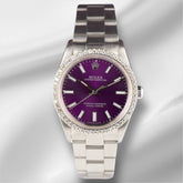 Rolex 34mm Oyster Perpetual 1.5ct Prong Diamond Purple Dial Steel Watch 14010