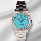 Rolex 34mm Oyster Perpetual 1.5ct Prong Diamond Baby Blue Dial Steel Watch 14010