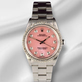 Rolex 34mm Oyster Perpetual 1.5ct Prong Pink Mop Diamond Dial Steel Watch 14010