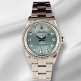 Rolex 34mm Oyster Perpetual 1.5ct Prong Ice Blue Diamond Dial Steel Watch 14010