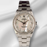 Rolex 34mm Oyster Perpetual 1.5ct Prong White Mop Diamond Dial Steel Watch 14010