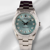 Rolex 34mm Oyster Perpetual 1.5ct Ice Blue Diamond Dial Steel Watch 14010