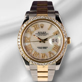 Rolex Men's Datejust 41mm 18k Gold & Steel Iced 3ct Diamonds Pearl Roman 116333