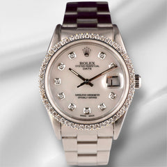 Rolex Date 34mm Ladies 1.5ct Prong Diamonds White Mop Dial Steel Watch 15000