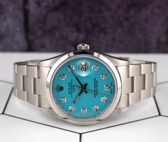 Rolex Date 34mm Ladies Baby Blue Diamond Dial Oyster Steel Watch 15000