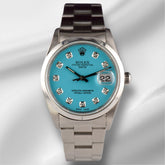 Rolex Date 34mm Ladies Baby Blue Diamond Dial Oyster Steel Watch 15000