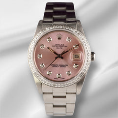 Rolex Date 34mm Ladies 1.5ct Pink Diamond Dial Steel Oyster Watch 15000