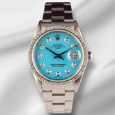 Rolex Date 34mm Ladies Baby Blue Diamond Dial 1.5ct Prong Steel Watch 15000