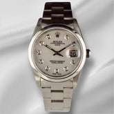 Rolex Date 34mm Ladies White Mop Diamond Dial Oyster Steel Watch 15000