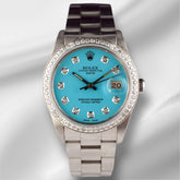 Rolex Date 34mm Ladies 1.5ct Baby Blue Diamond Dial Steel Oyster Watch 15000