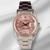 Rolex Date 34mm Ladies 1.5ct Prong Diamonds Pink Dial Steel Watch 15000