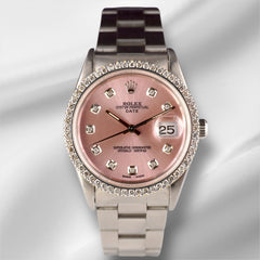 Rolex Date 34mm Ladies 1.5ct Prong Diamonds Pink Dial Steel Watch 15000