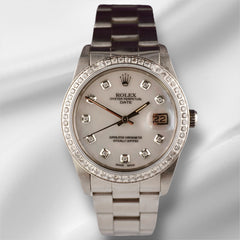 Rolex Date 34mm Ladies 1.5ct White Mop Diamond Dial Steel Oyster Watch 15000