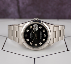 Rolex Date 34mm Ladies Black Diamond Dial Oyster Steel Watch 15000