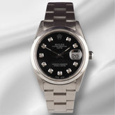 Rolex Date 34mm Ladies Black Diamond Dial Oyster Steel Watch 15000